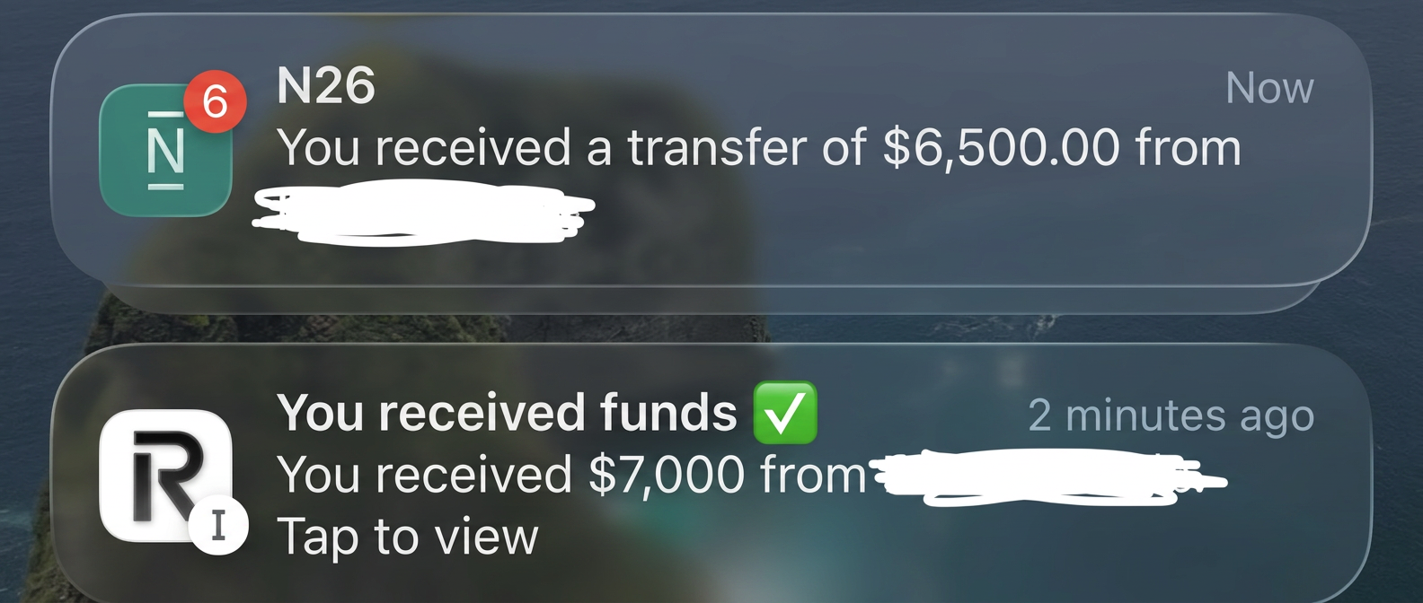 Payment proof — lock screen with N26 and Revolut incoming payments