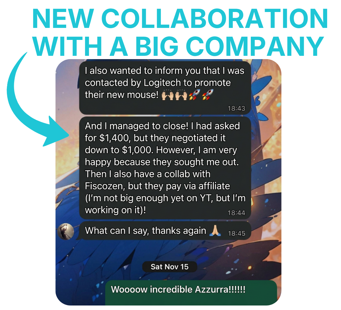 Azzurra — WhatsApp message: just closed a paid Logitech collab