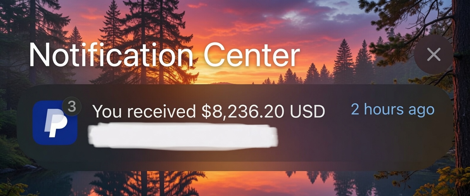 Payment proof — PayPal notification center with multiple incoming payments