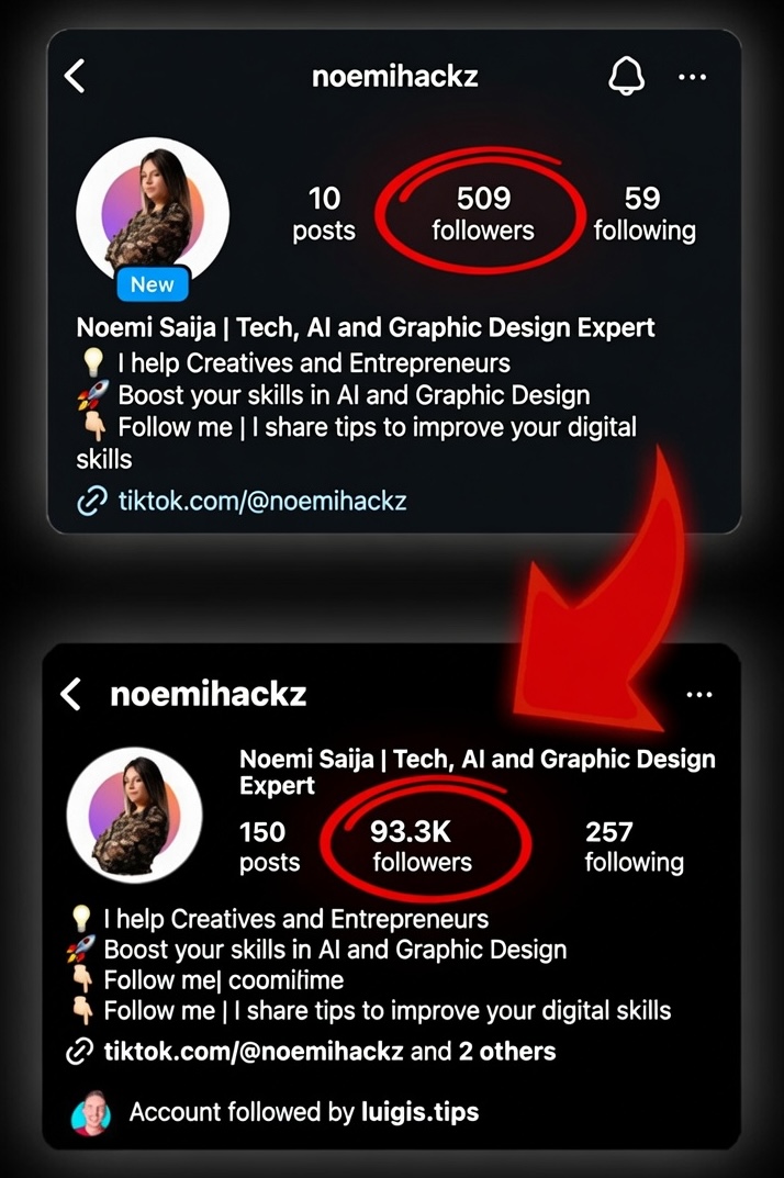 Noemi — Instagram before/after: from 509 to 93.3K followers